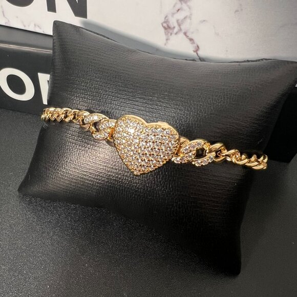 Gold Pleated Crystal Heart Chain Bracelet Women Fashion - Picture 3 of 3